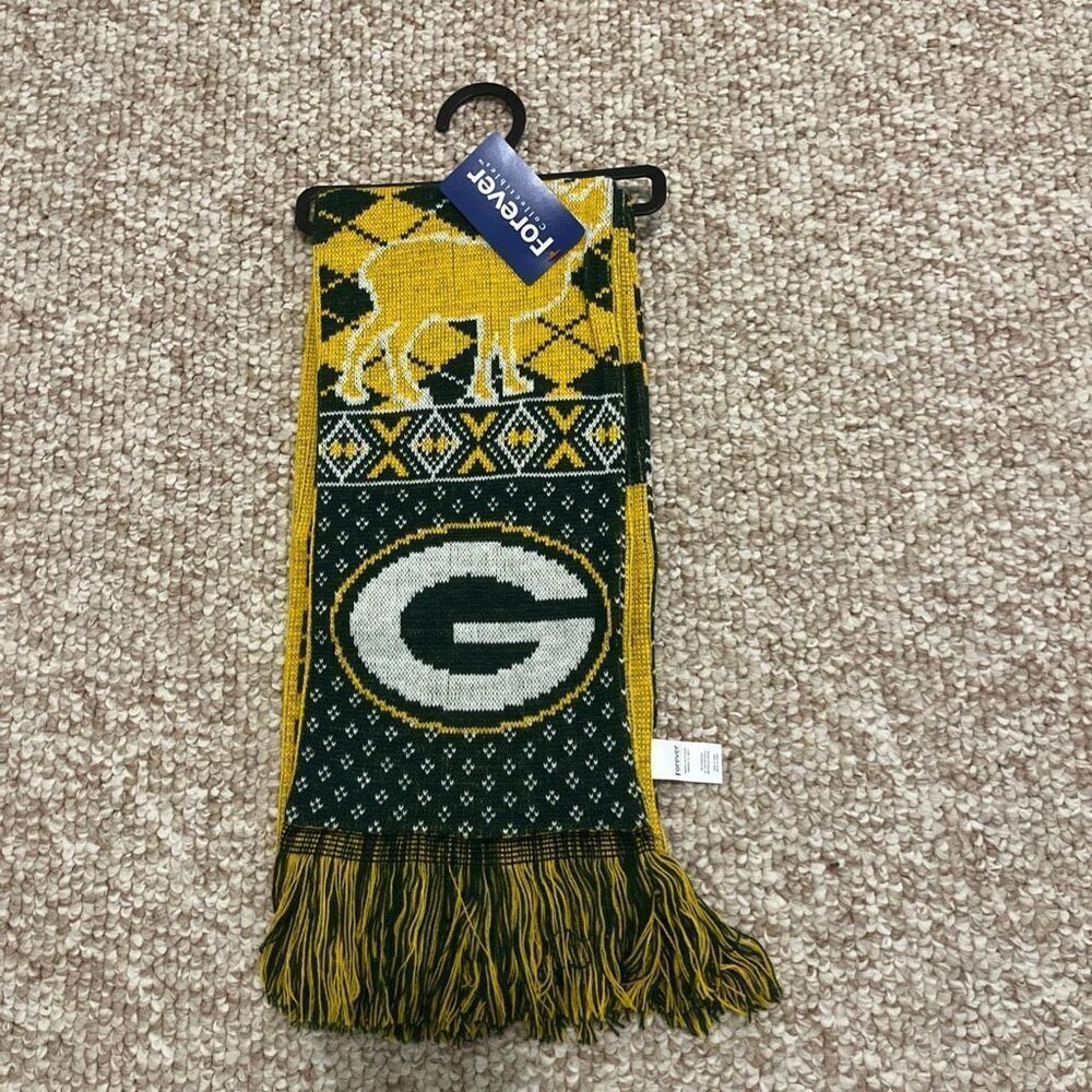 NWT Green Bay Packers Knit Reversible, Reindeer Scarf Forever Collectibles 65’